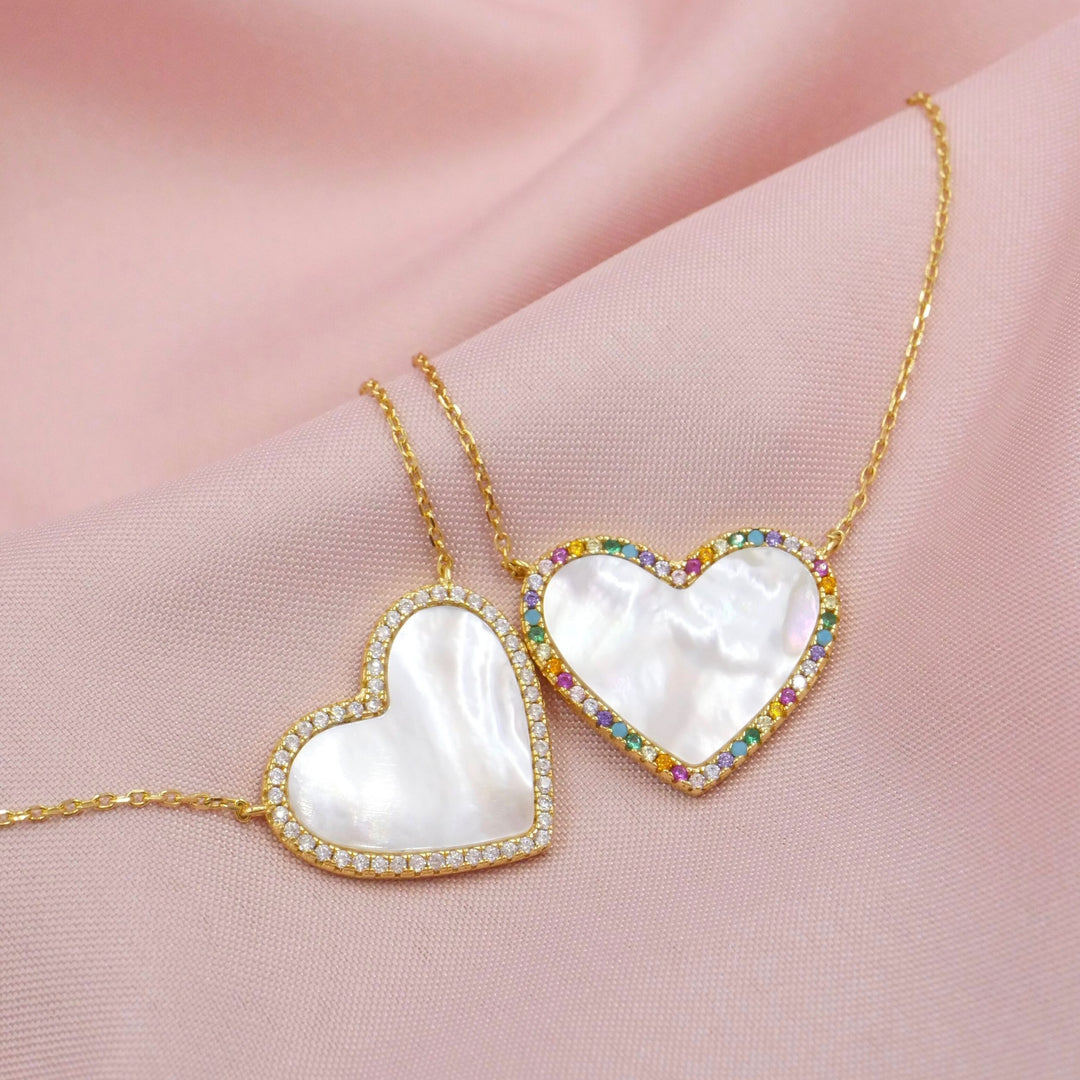 Mother of Pearl Heart Necklace with Rainbow Pave