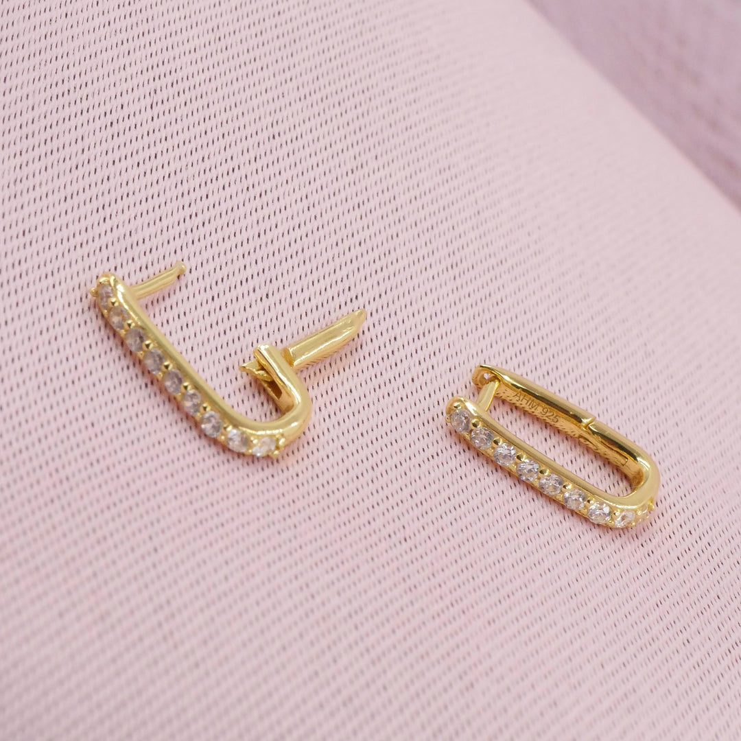 Elongated Huggie Hoops with White Crystal Pave