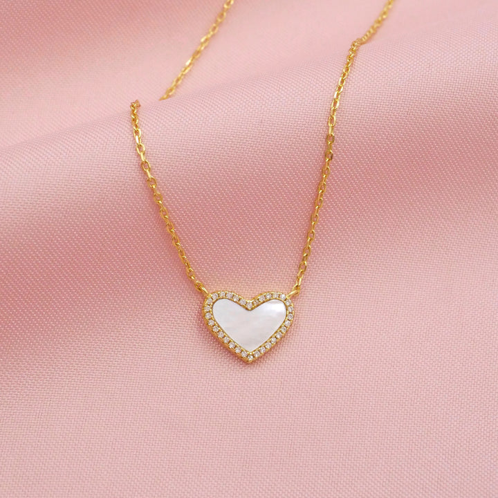 Mini Mother of Pearl Heart Necklace with White Crystal Pave