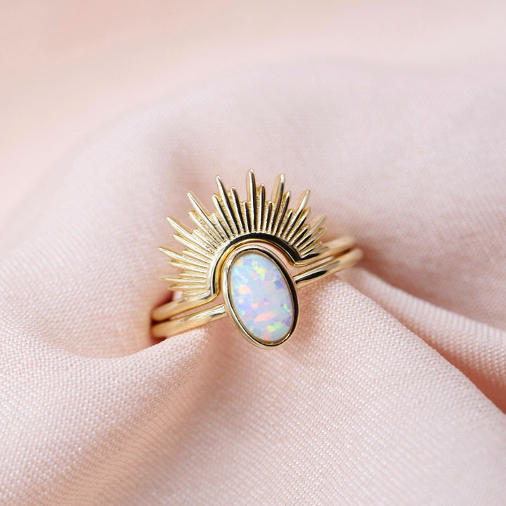 Solid Gold Opal Sunburst Ring Set