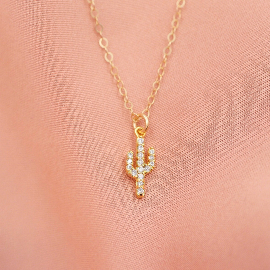 Dainty Pave Charm Gold Cactus Necklace Amanda Deer Jewelry
