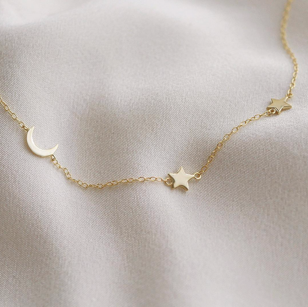 Off Center Moon and Stars Necklace Gold Tiny Moon with Stars