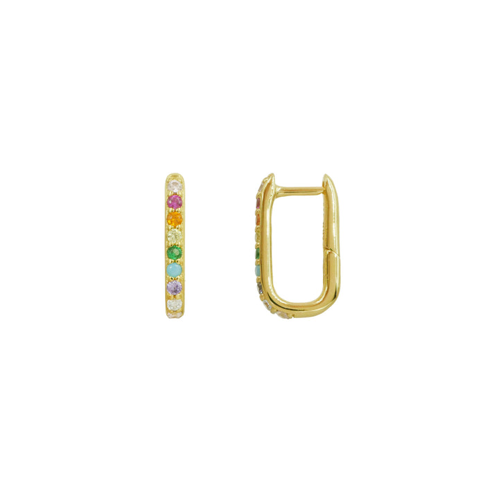 Elongated Huggie Hoops with Rainbow Pave