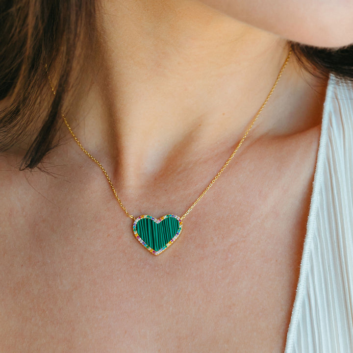 Malachite Heart Necklace with Rainbow Pave