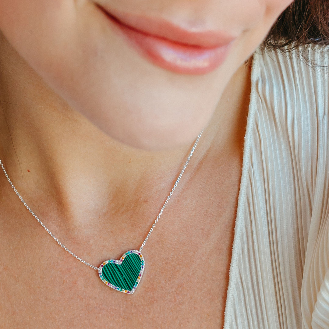 Malachite Heart Necklace with Rainbow Pave