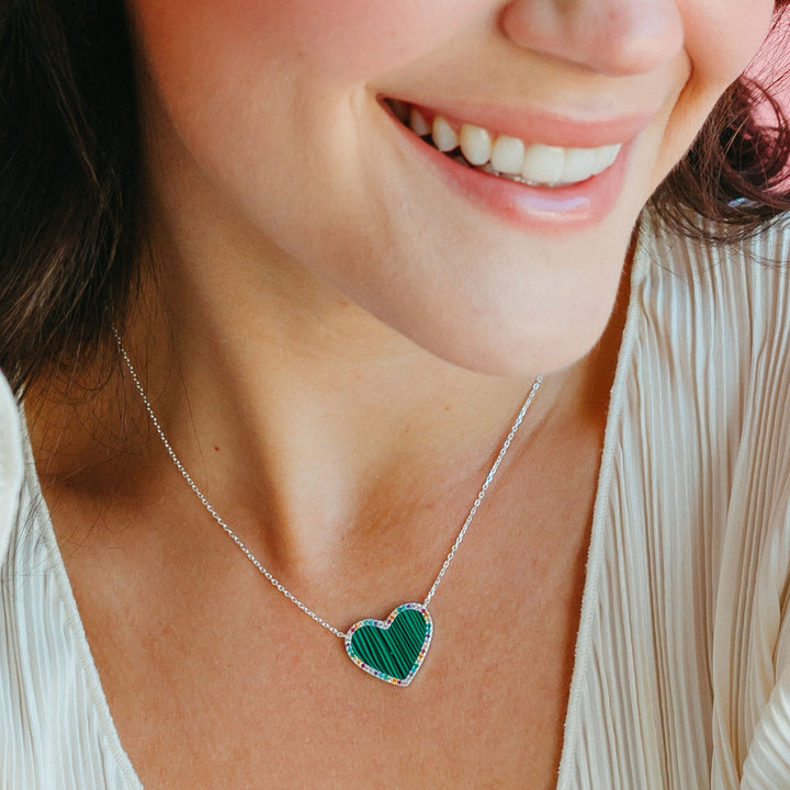 Malachite Heart Necklace with Rainbow Pave