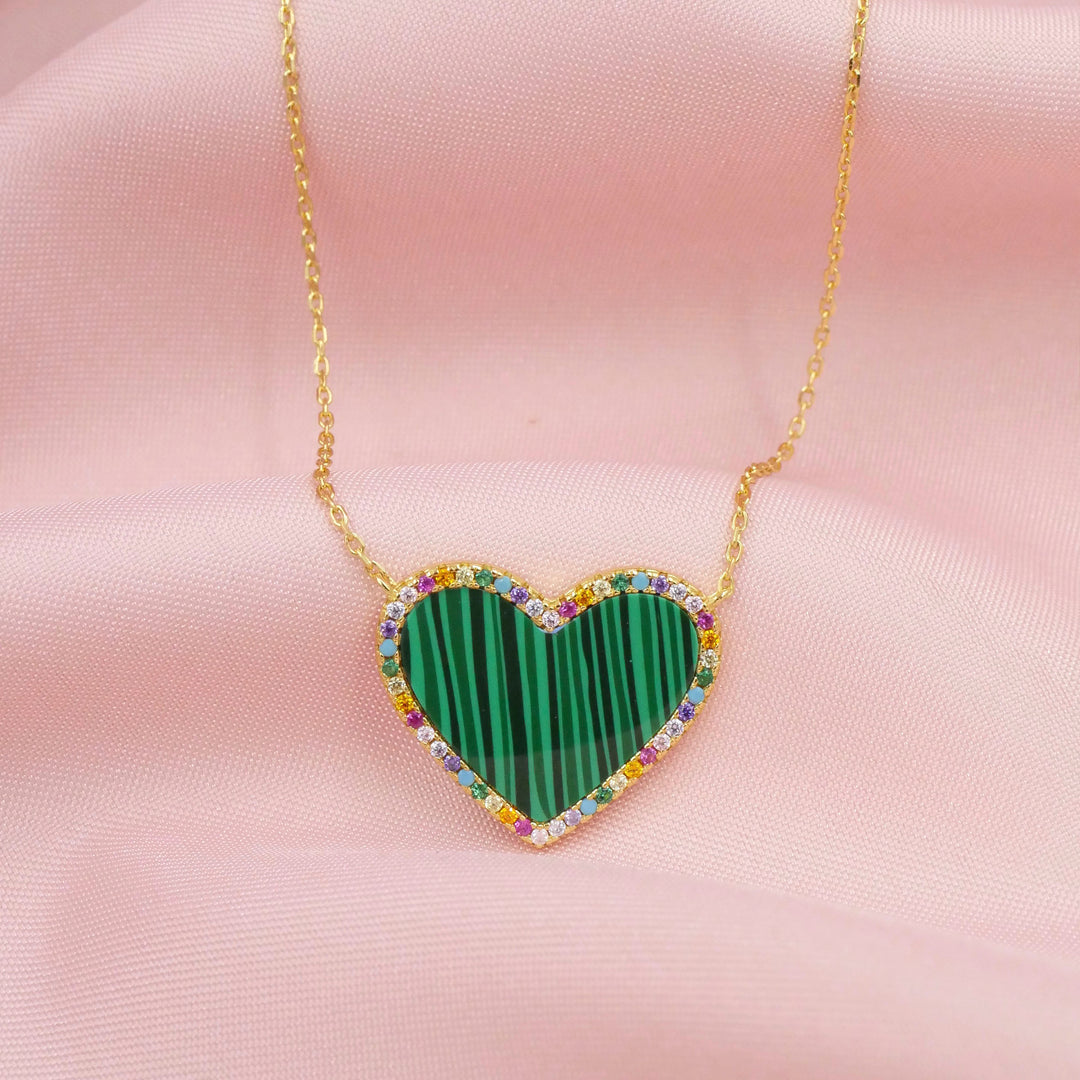 Malachite Heart Necklace with Rainbow Pave