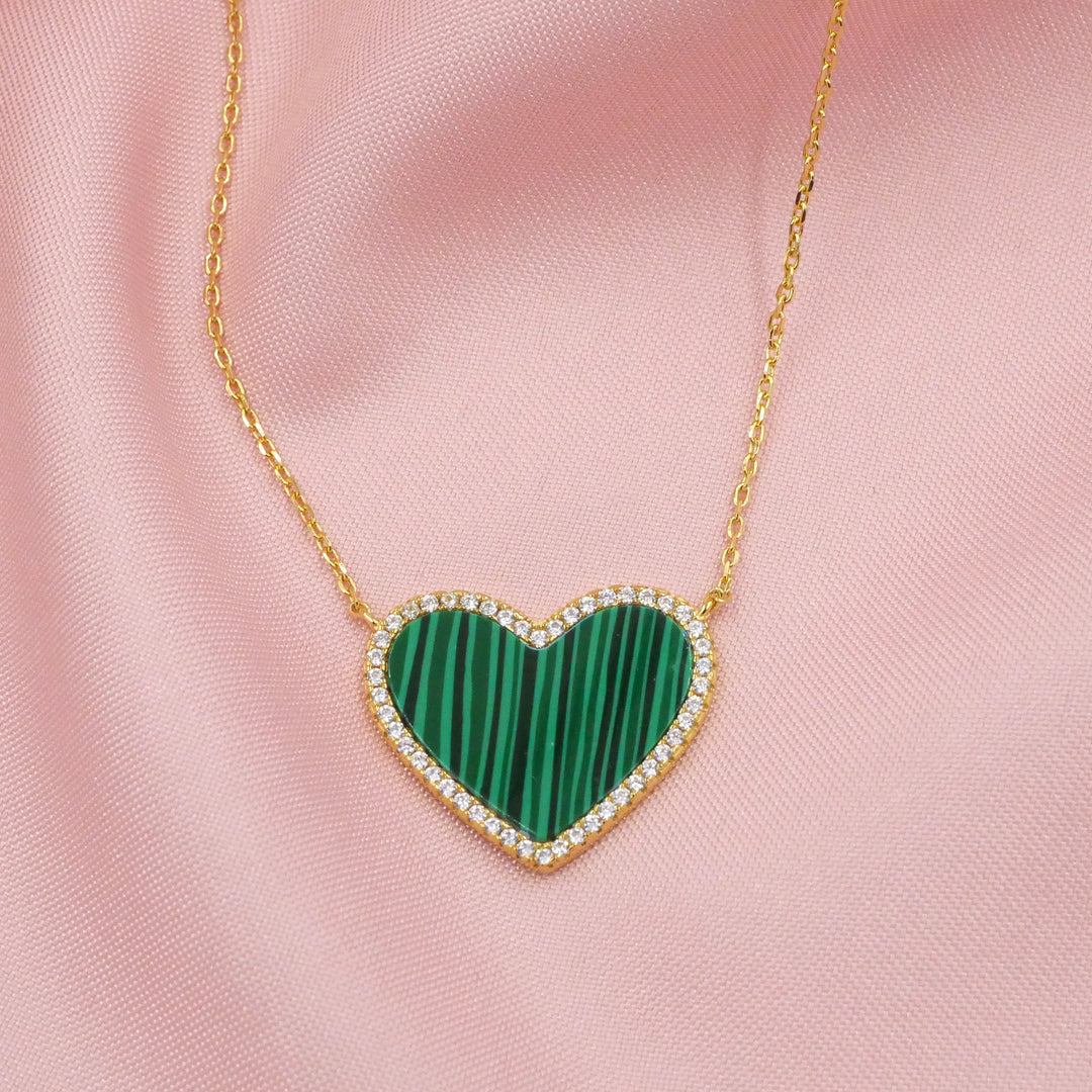 Malachite Heart Necklace with White Crystal Pave