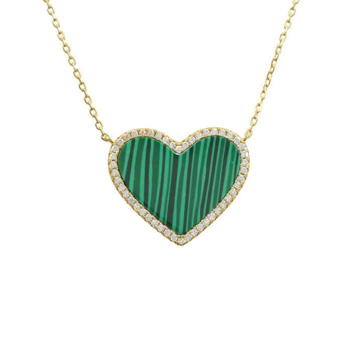 Malachite Heart Necklace with White Crystal Pave