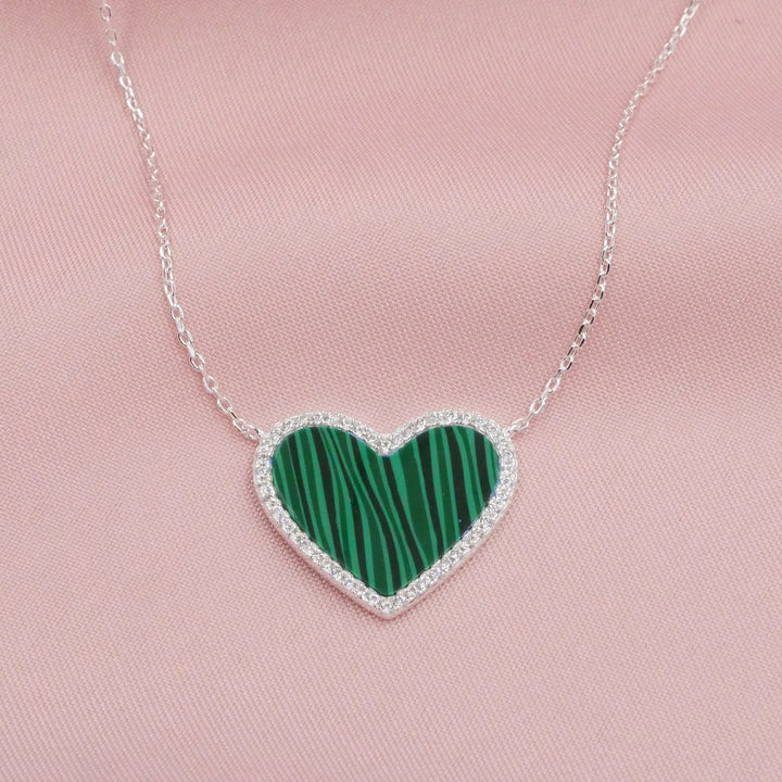 Malachite Heart Necklace with White Crystal Pave