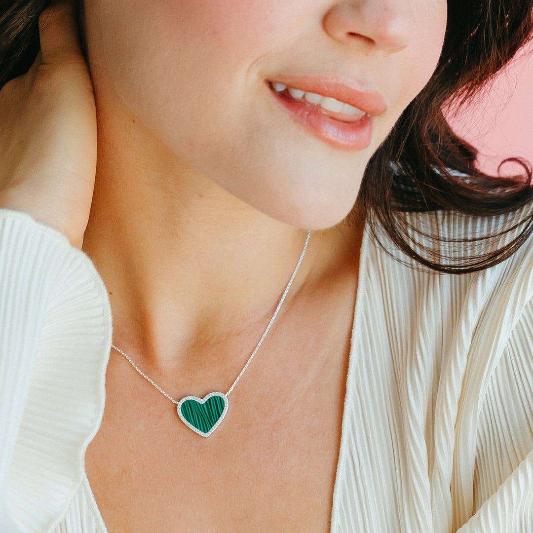 Malachite Heart Necklace with White Crystal Pave