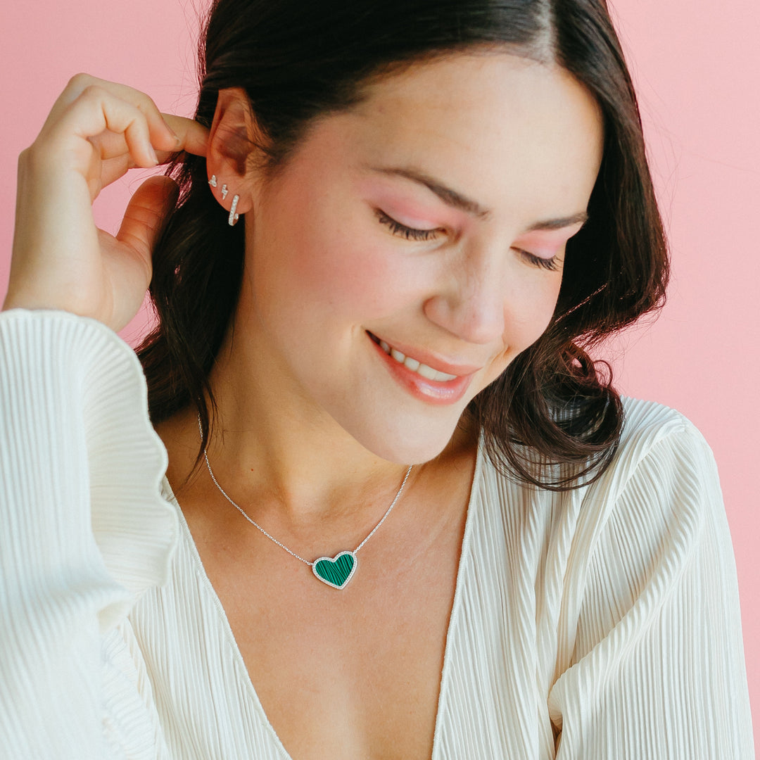 Malachite Heart Necklace with White Crystal Pave