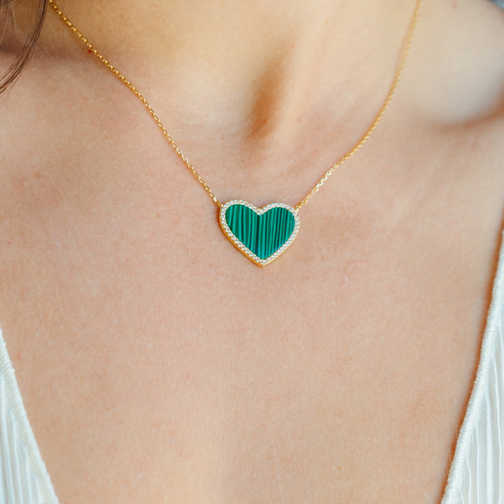 Malachite Heart Necklace with White Crystal Pave