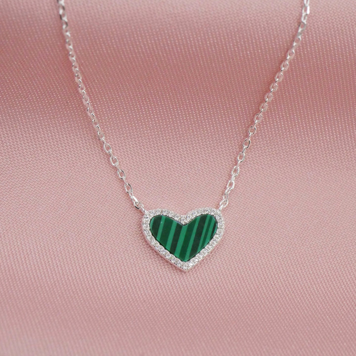 Mini Malachite Heart Necklace with White Crystal Pave