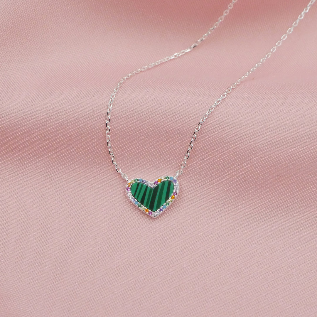 Mini Malachite Heart Necklace with Rainbow Pave