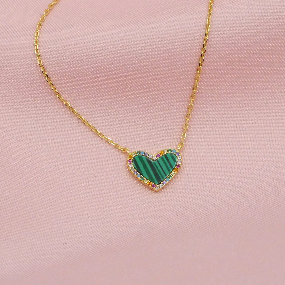 Mini Malachite Heart Necklace with Rainbow Pave