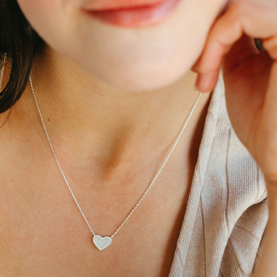 Mini Mother of Pearl Heart Necklace with White Crystal Pave