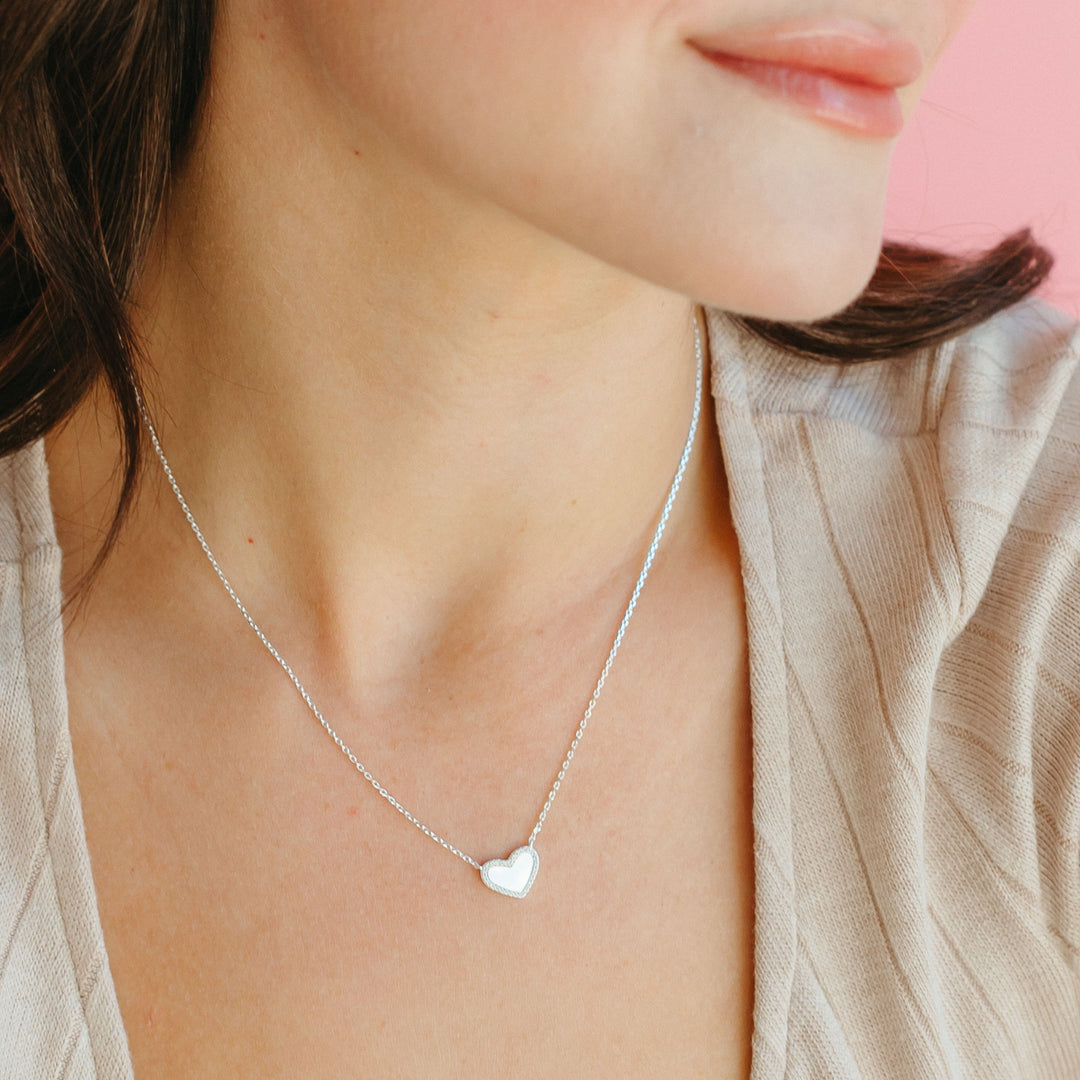 Mini Mother of Pearl Heart Necklace with White Crystal Pave