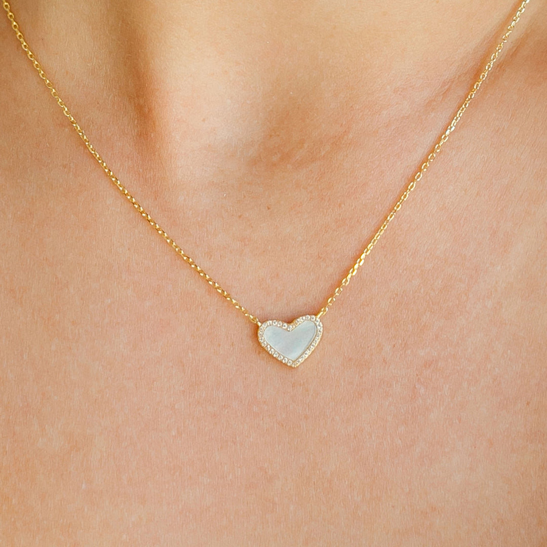 Mini Mother of Pearl Heart Necklace with White Crystal Pave