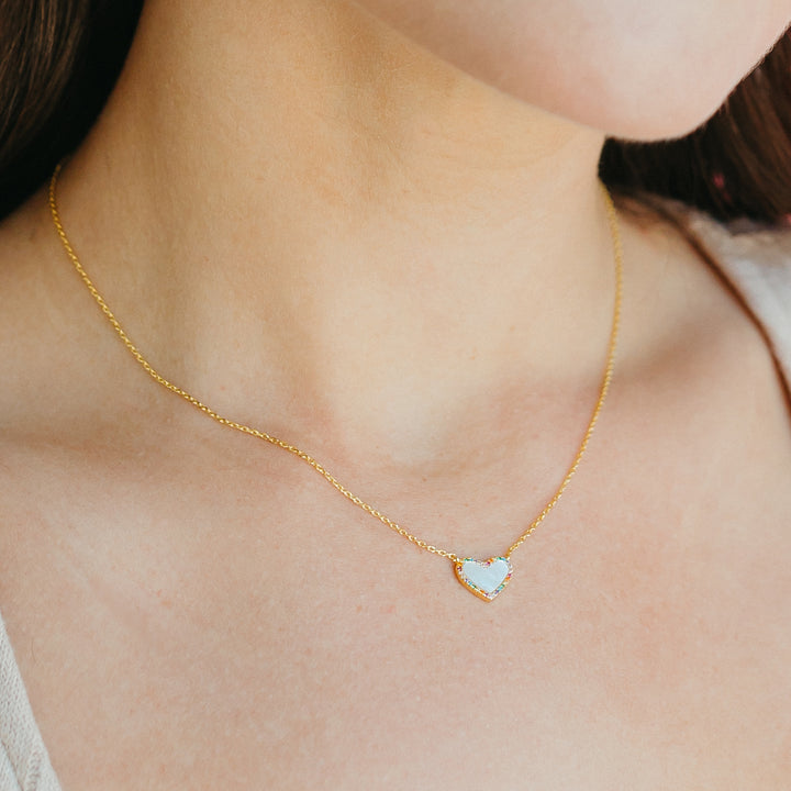 Mini Mother of Pearl Heart Necklace with Rainbow Pave