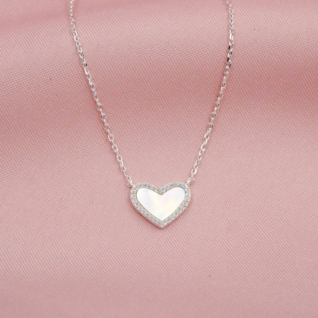 Mini Mother of Pearl Heart Necklace with White Crystal Pave