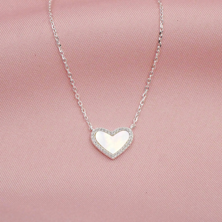 Mini Mother of Pearl Heart Necklace with White Crystal Pave