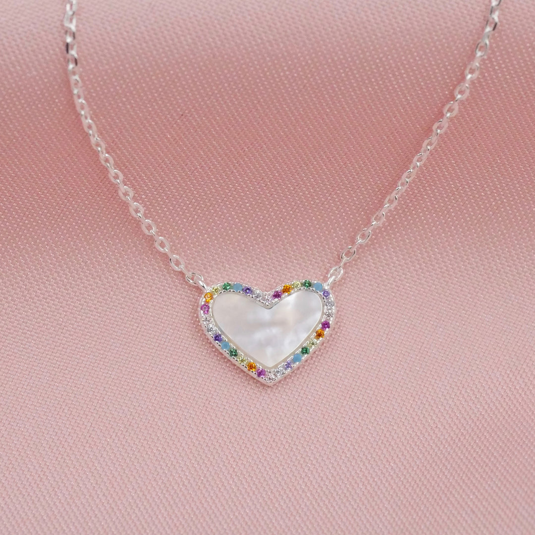 Mini Mother of Pearl Heart Necklace with Rainbow Pave