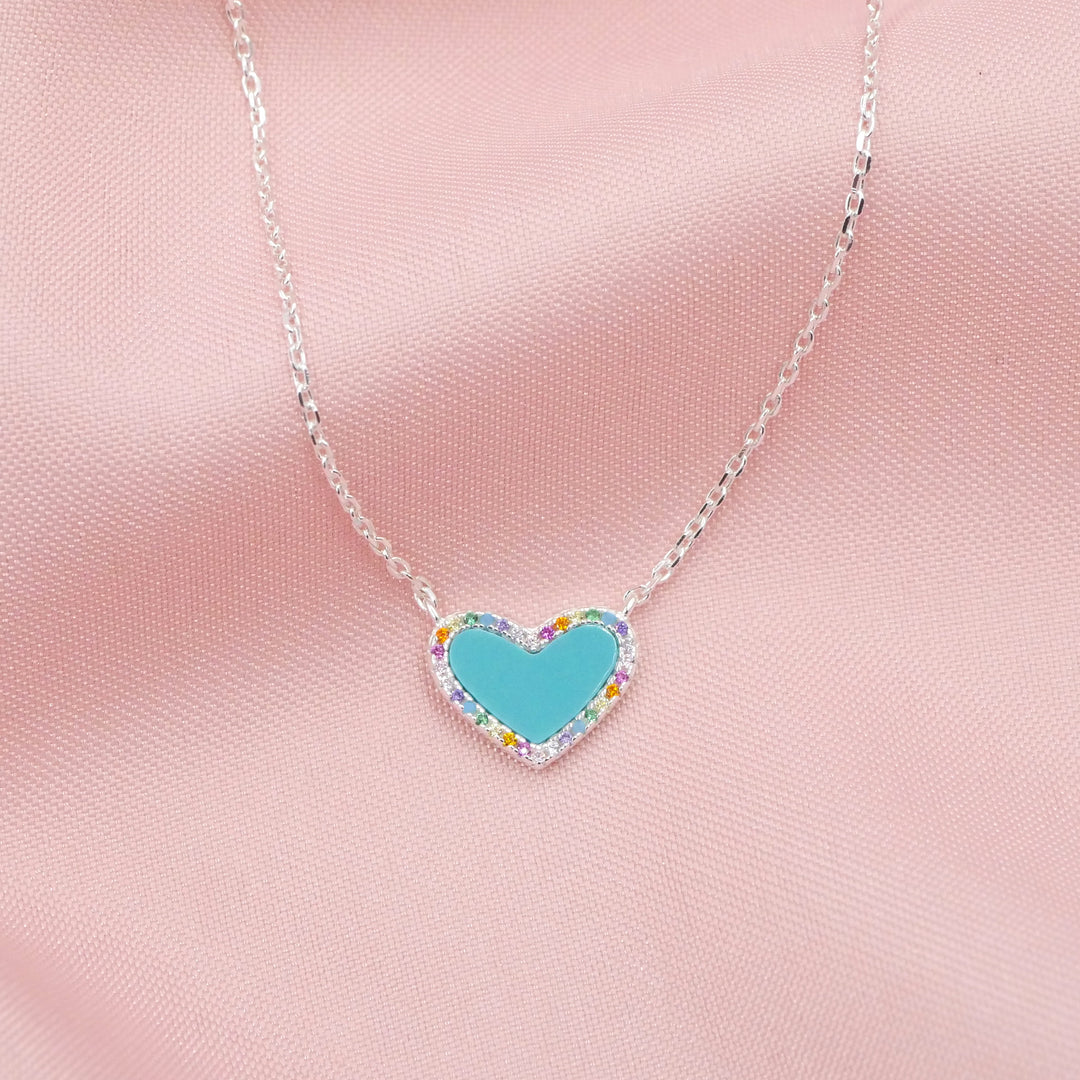 Mini Turquoise Heart Necklace with Rainbow Pave
