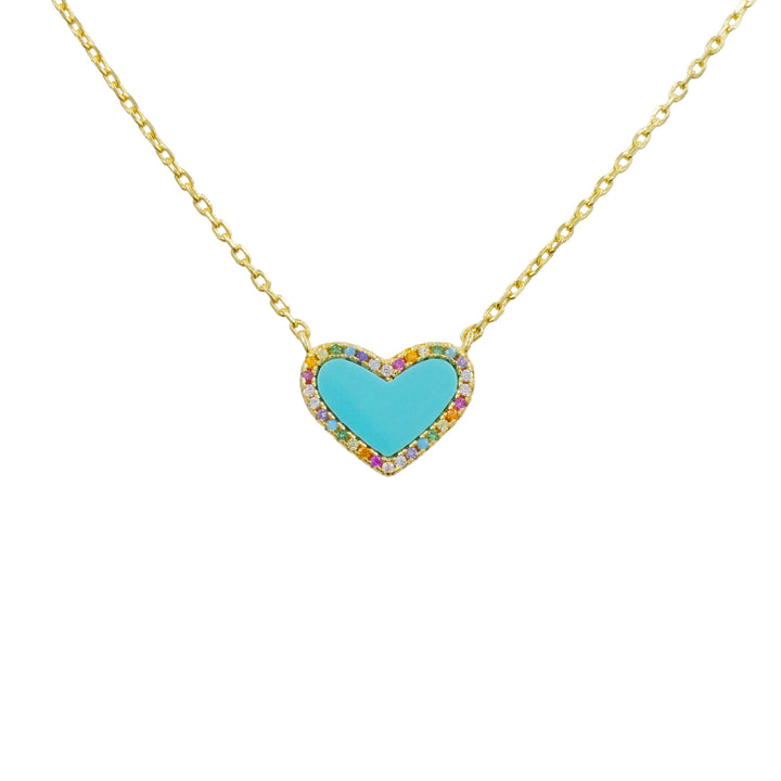 Mini Turquoise Heart Necklace with Rainbow Pave