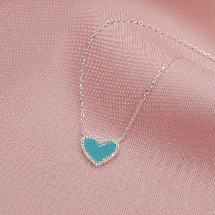 Mini Turquoise Heart Necklace with White Crystal Pave