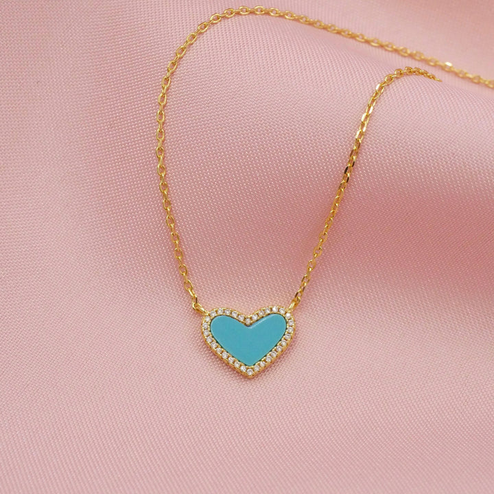 Mini Turquoise Heart Necklace with White Crystal Pave