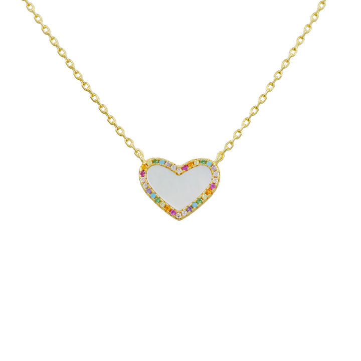 Mini Mother of Pearl Heart Necklace with Rainbow Pave