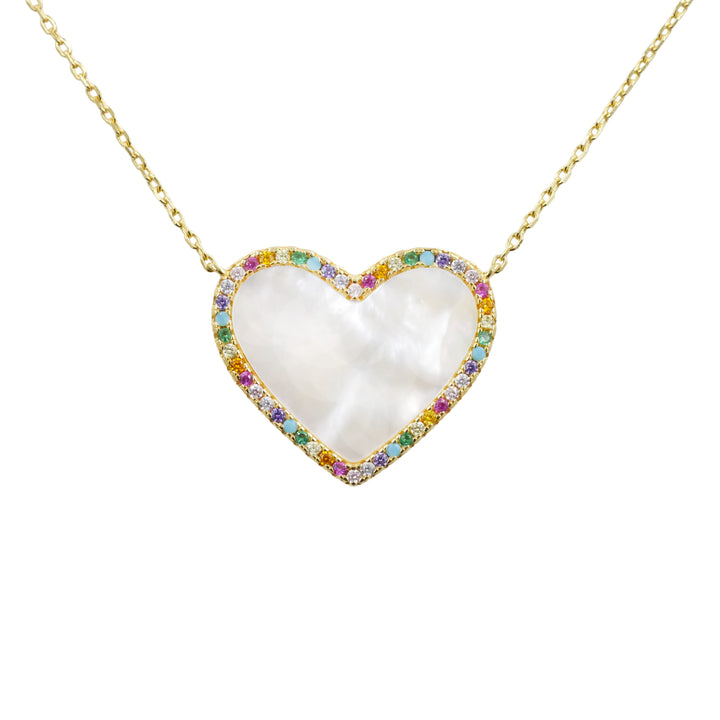 Mother of Pearl Heart Necklace with Rainbow Pave