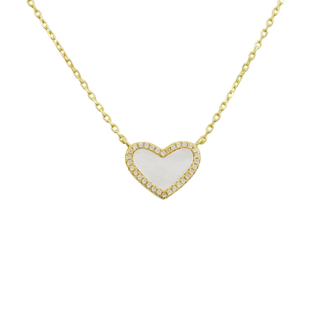 Mini Mother of Pearl Heart Necklace with White Crystal Pave