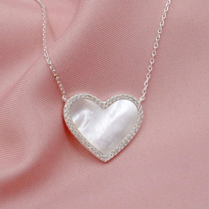 Mother of Pearl Heart Necklace with White Crystal Pave