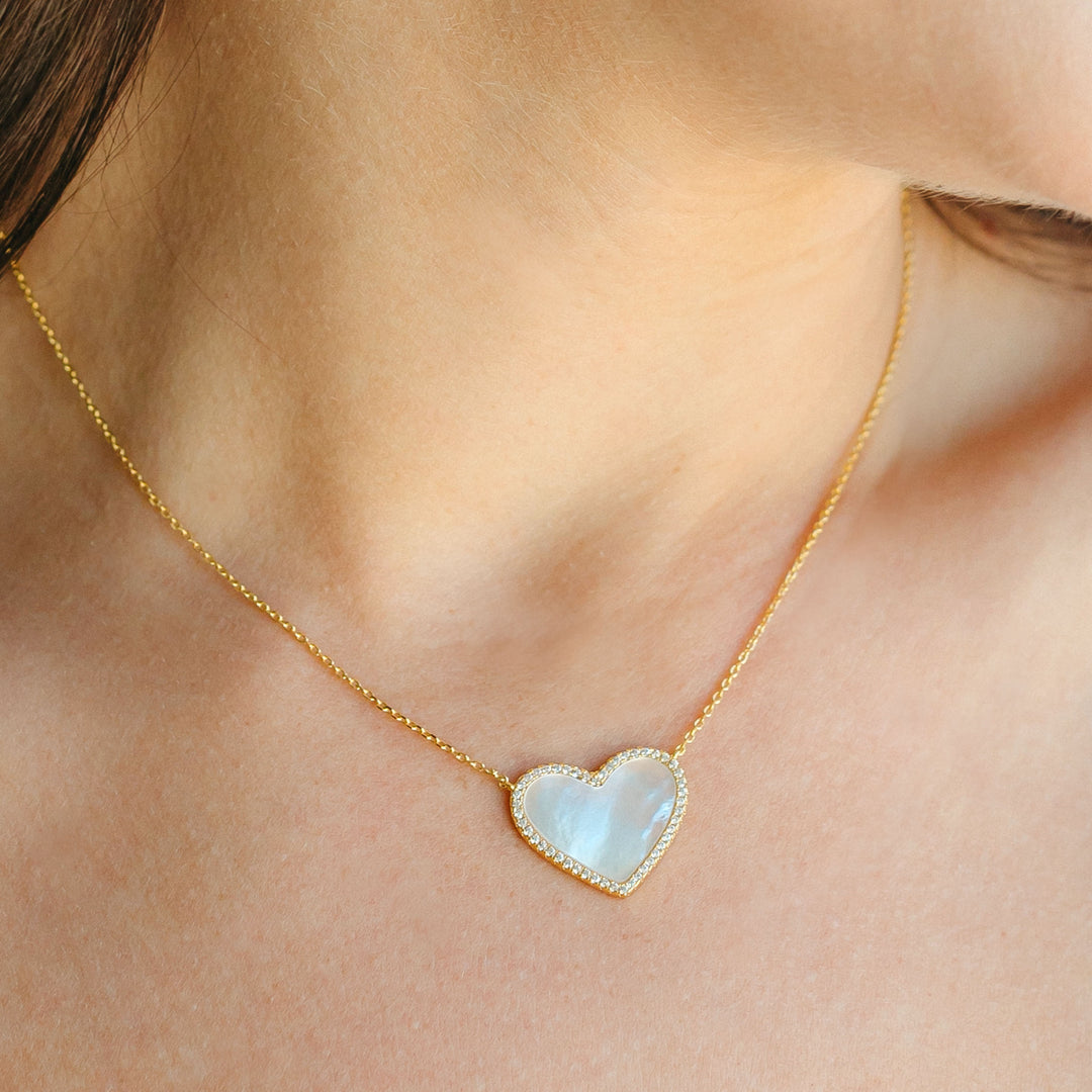 Mother of Pearl Heart Necklace with White Crystal Pave