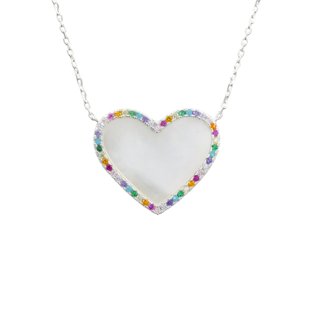 Mother of Pearl Heart Necklace with Rainbow Pave