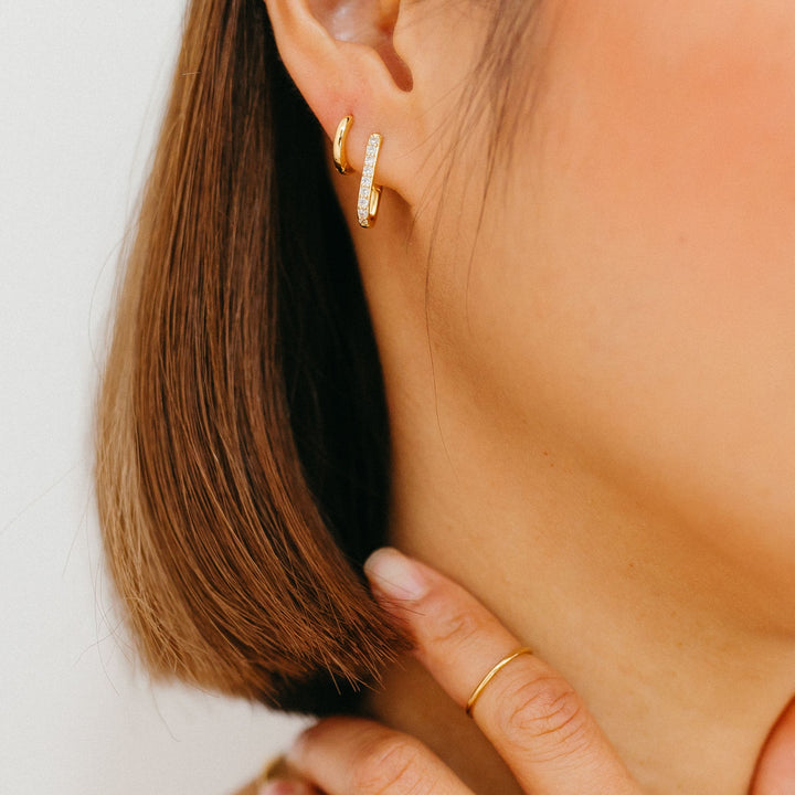 Elongated Huggie Hoops with White Crystal Pave