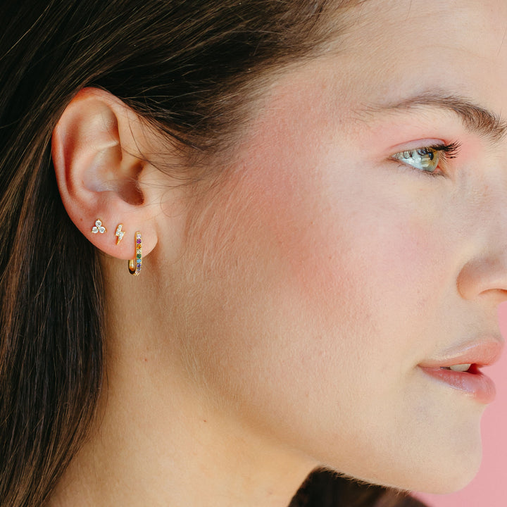 Elongated Huggie Hoops with Rainbow Pave