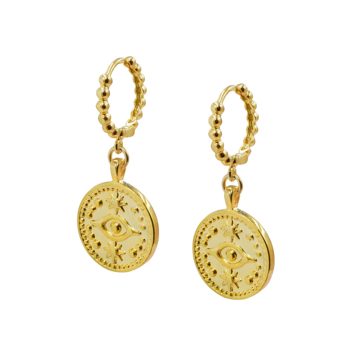Coin Huggie Hoop Earrings, Evil Eye Earrings – Amanda Deer Jewelry