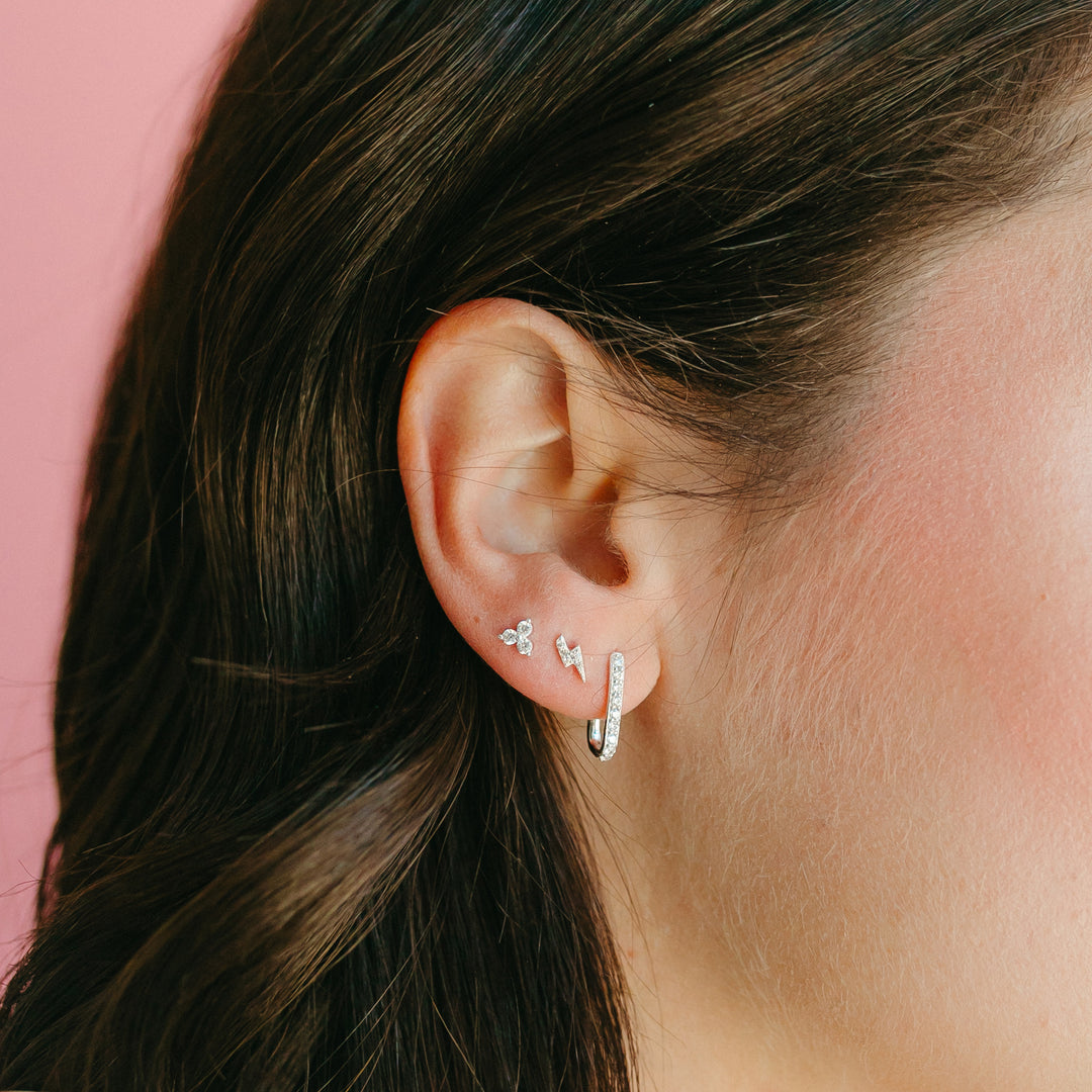 Elongated Huggie Hoops with White Crystal Pave