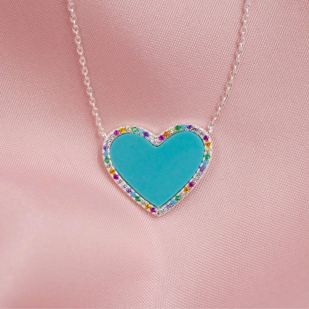 Turquoise Heart Necklace with Rainbow Pave